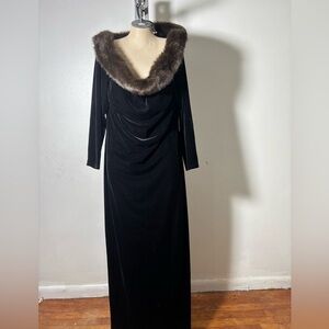 Vintage Black Velvet Dress/ Fur Neck